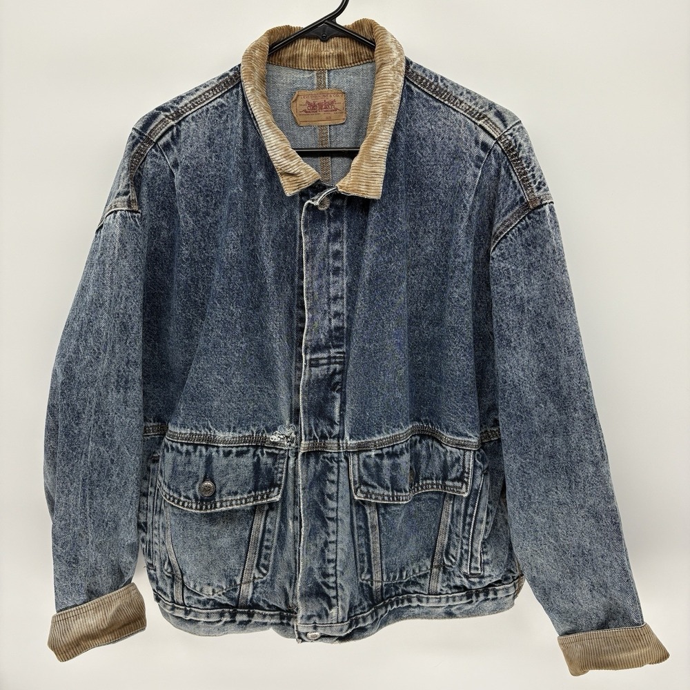 Vintage 60s Levis Acid Wash Denim Jacket Buckle Back Corduroy Collar A-2 USA L